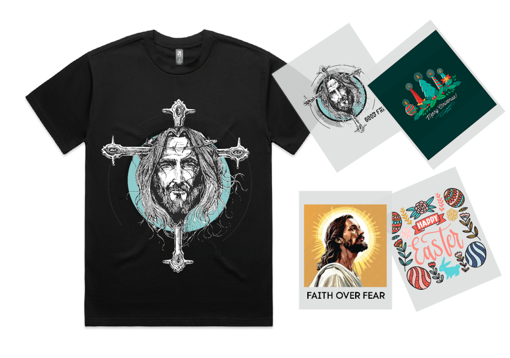 T-shirt displaying Christian graphics and artworks from a DTF sheet, featuring vibrant designs that inspire faith and reflect devotion