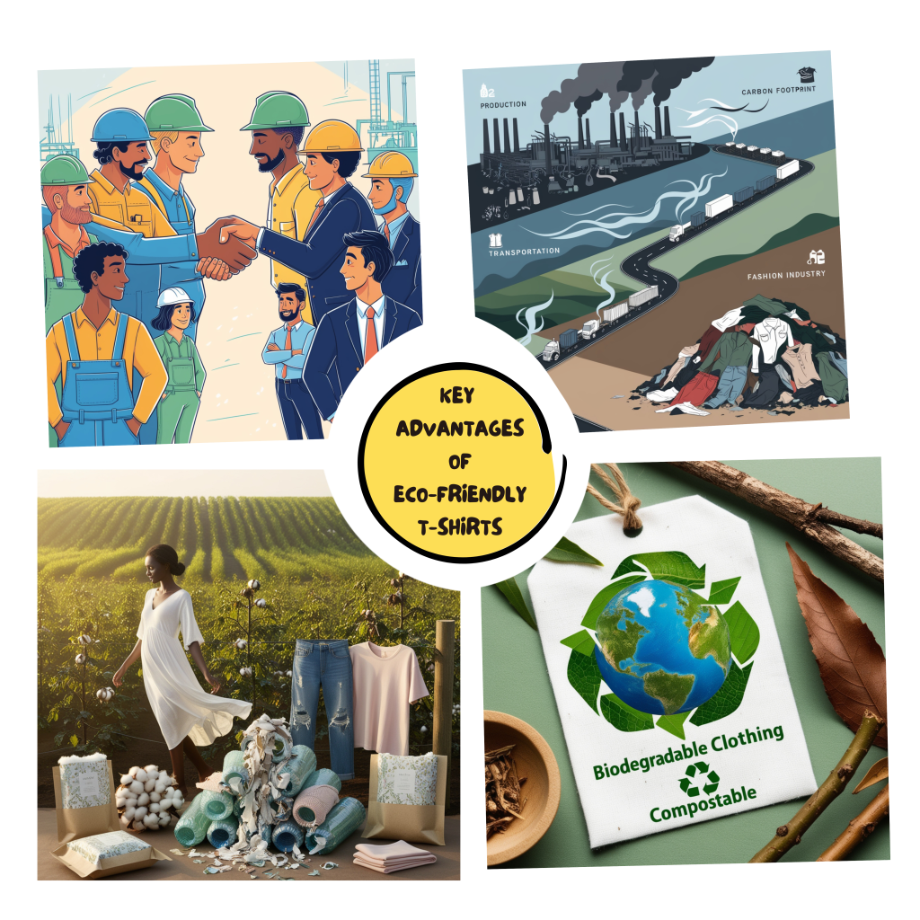 Infographic showing key advantages of eco-friendly T-shirts, including sustainability, reduced environmental impact, ethical production, and superior comfort.