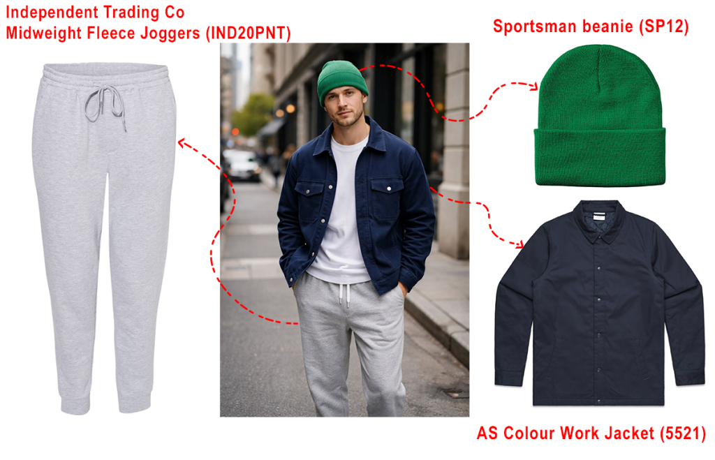 Man wearing a kelly green beanie, navy jacket, and light grey joggers showing team pride through color during Super Bowl season