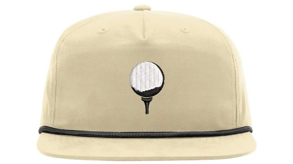 A beige snapback hat with a Richardson-256-Birch-Black-Front graphic of a golf ball embroidered on the front.


