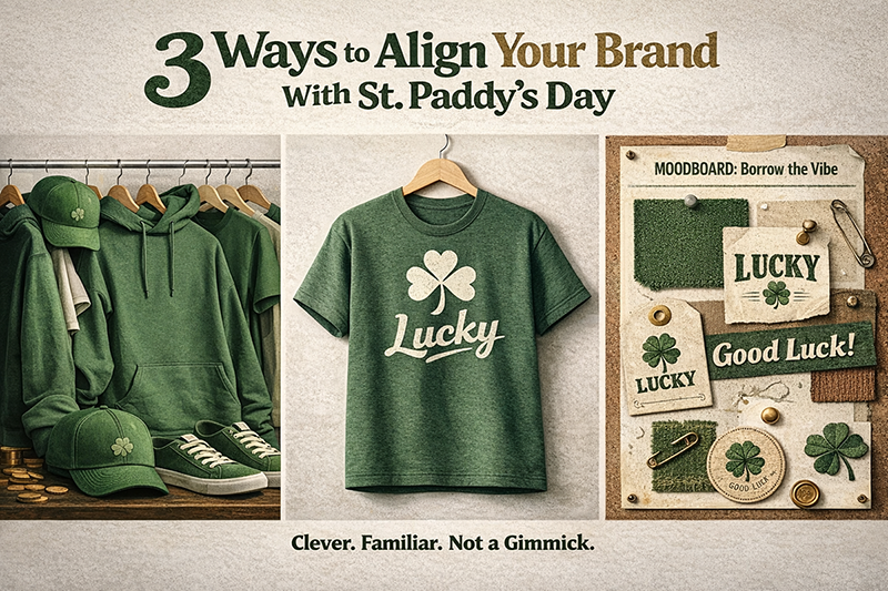 St. Patrick’s Day apparel ideas for clothing brands featuring green T-shirts and luck-themed designs.