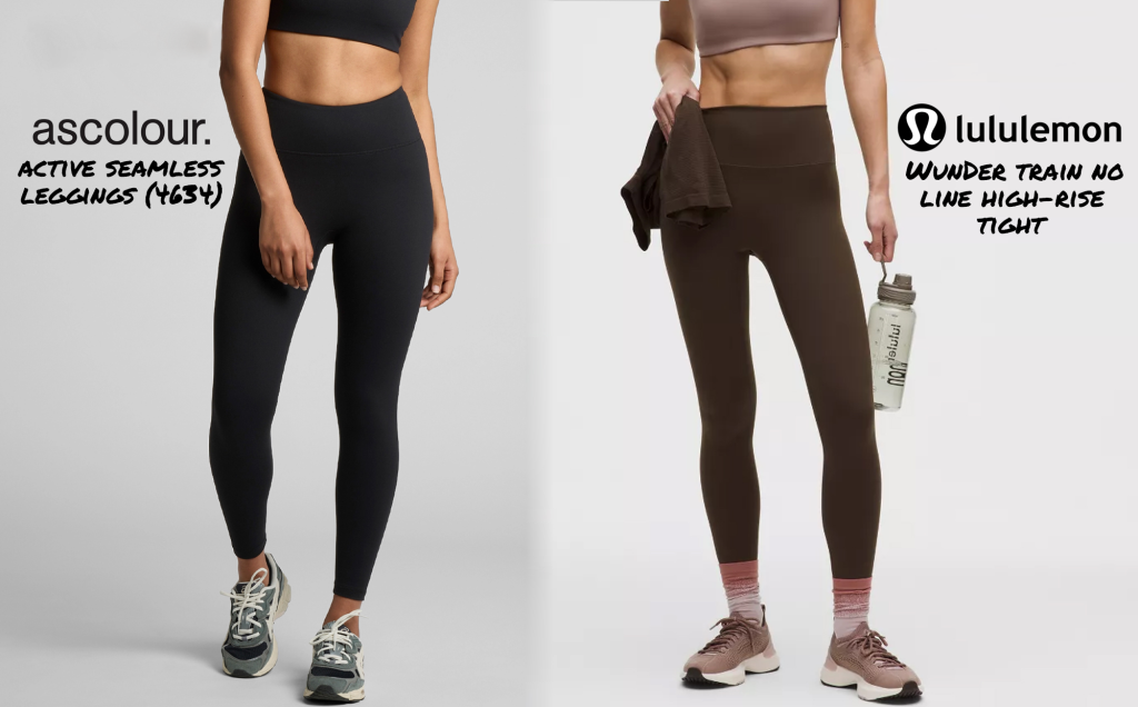 Two images compare activewear leggings. Left: Black Ascolour seamless leggings, paired with sneakers. Right: Brown Lululemon high-rise tights, with a water bottle and towel.