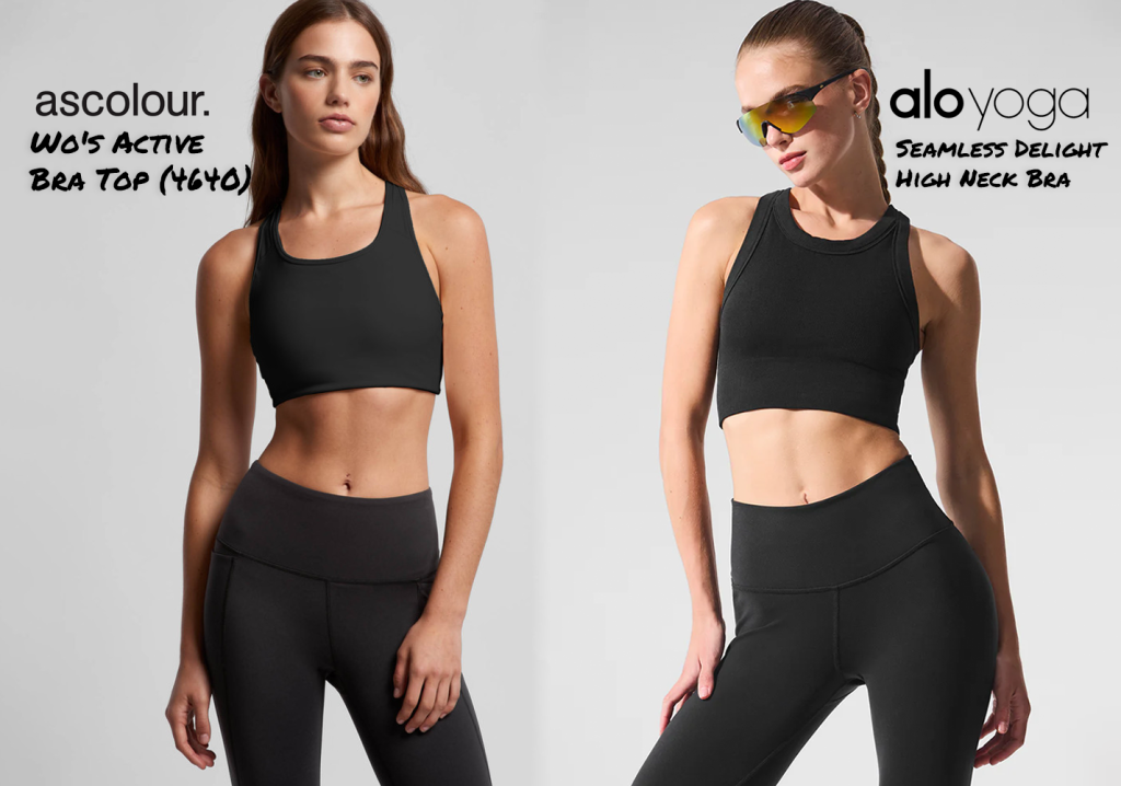 Two women in black sportswear: left in an Ascolour bra top with relaxed pose; right in an Alo Yoga bra with high-neck, wearing sunglasses.
