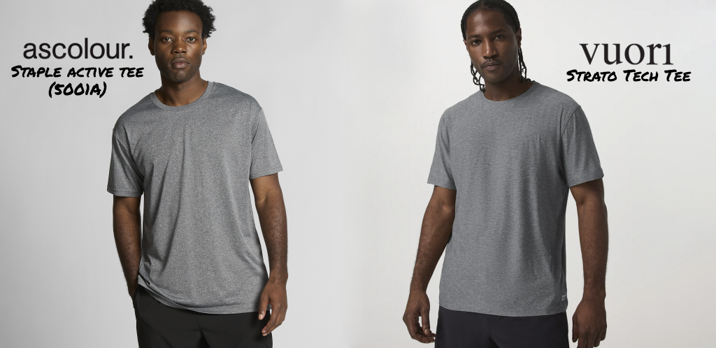 Two men are modeling gray athletic t-shirts. The left man wears the "ascolour Staple Active Tee" and the right man wears the "vuori Strato Tech Tee." Both have a relaxed expression.
