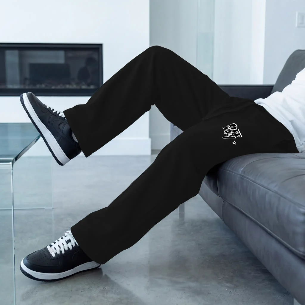 Original Favorites sweatpants featuring subtle logo placement on the left thigh, showcasing premium heavyweight fabric and minimal branding for custom luxury pants in 2026.