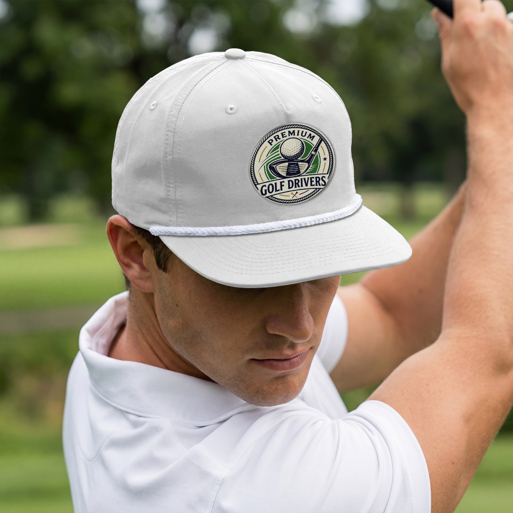 Richardson 256 structured rope cap with custom embroidered patch front logo for golf brands available on Apliiq