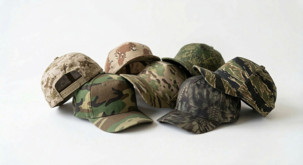 Collection of camouflage baseball caps featuring multiple camo patterns designed for outdoor adventure, hiking, and hunting apparel.
