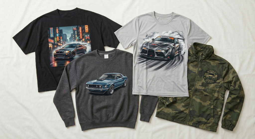 Automotive-themed apparel collection featuring graphic t-shirts, a muscle car sweatshirt, and a camouflage jacket with car-inspired designs
