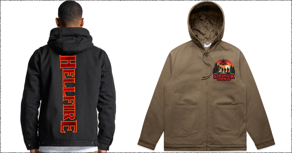 Vintage canvas and bomber jacket designs inspired by 1980s fashion and the retro aesthetic of Stranger Things.