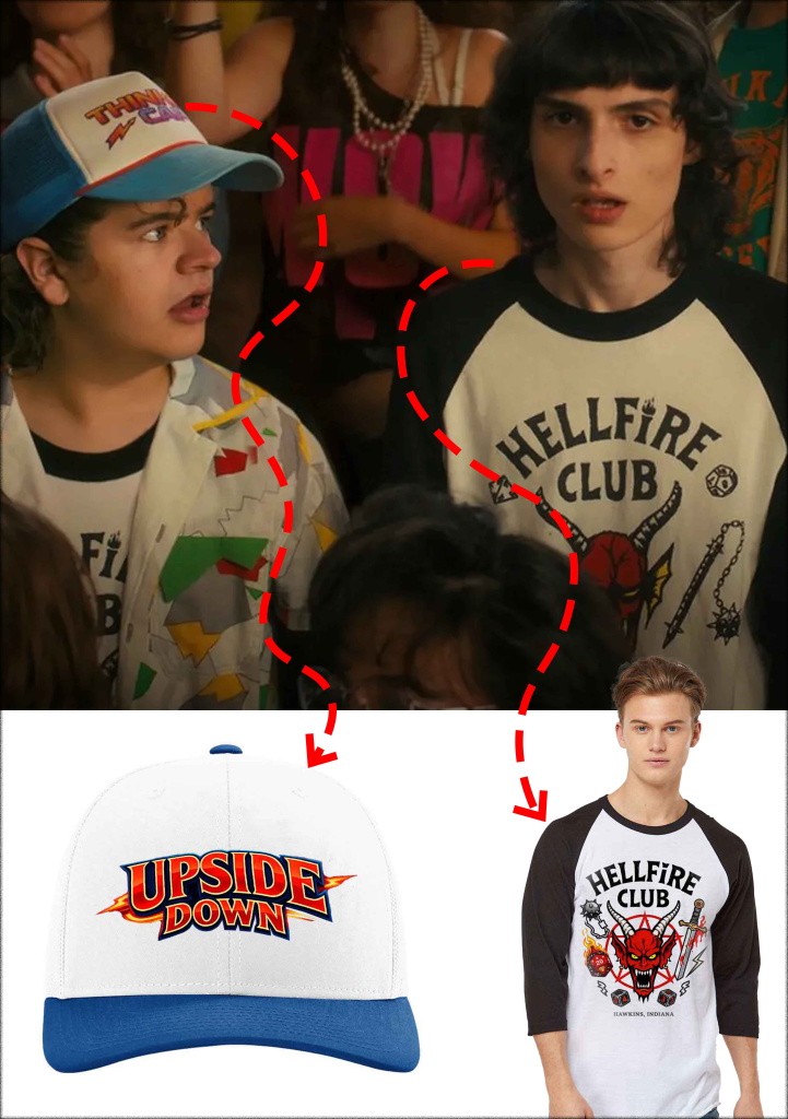 Retro Hellfire Club inspired merchandise design with raglan tee and trucker cap inspired by 1980s style in Stranger Things.