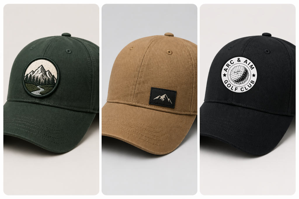 Three hats displaying different branding styles: embroidered patch, woven label, and printed patch, highlighting customization options for print on demand hats.
