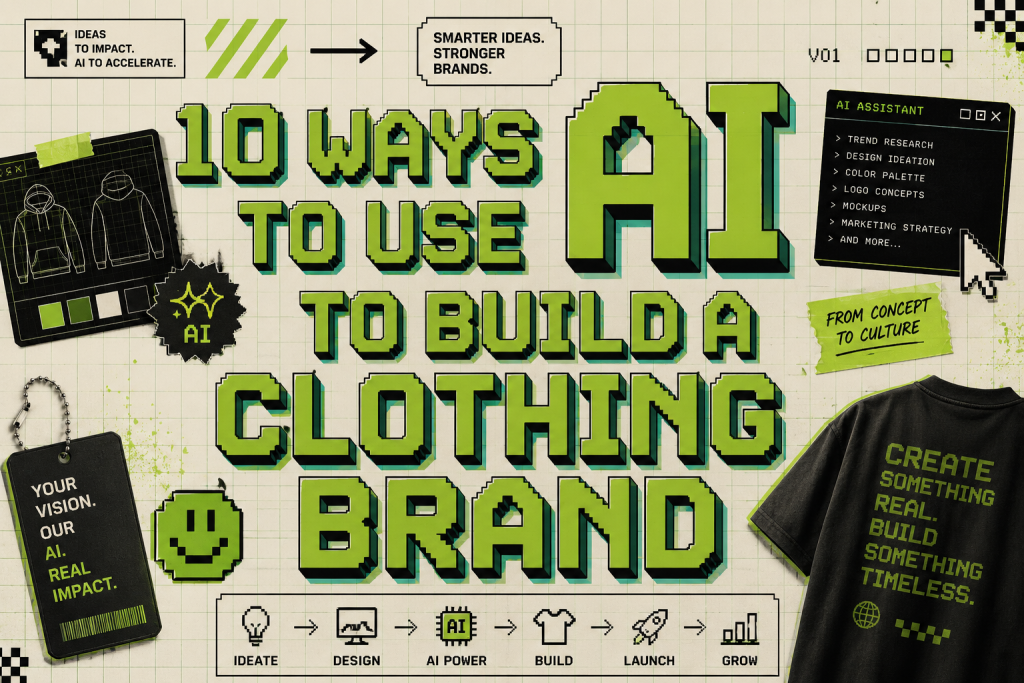 AI-powered clothing brand creation workspace with fashion logo concepts, apparel mockups, branding ideas, and digital design tools