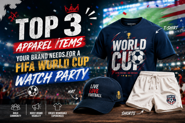 Top 3 FIFA World Cup watch party apparel essentials for your brand: custom t-shirts, custom shorts, and custom hats available on Apliiq for personalized branding with embroidery, patches, DTF printing, and private label customization.
