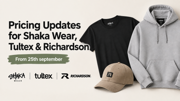 Apliiq product price update for Shaka Wear, Tultex, and Richardson