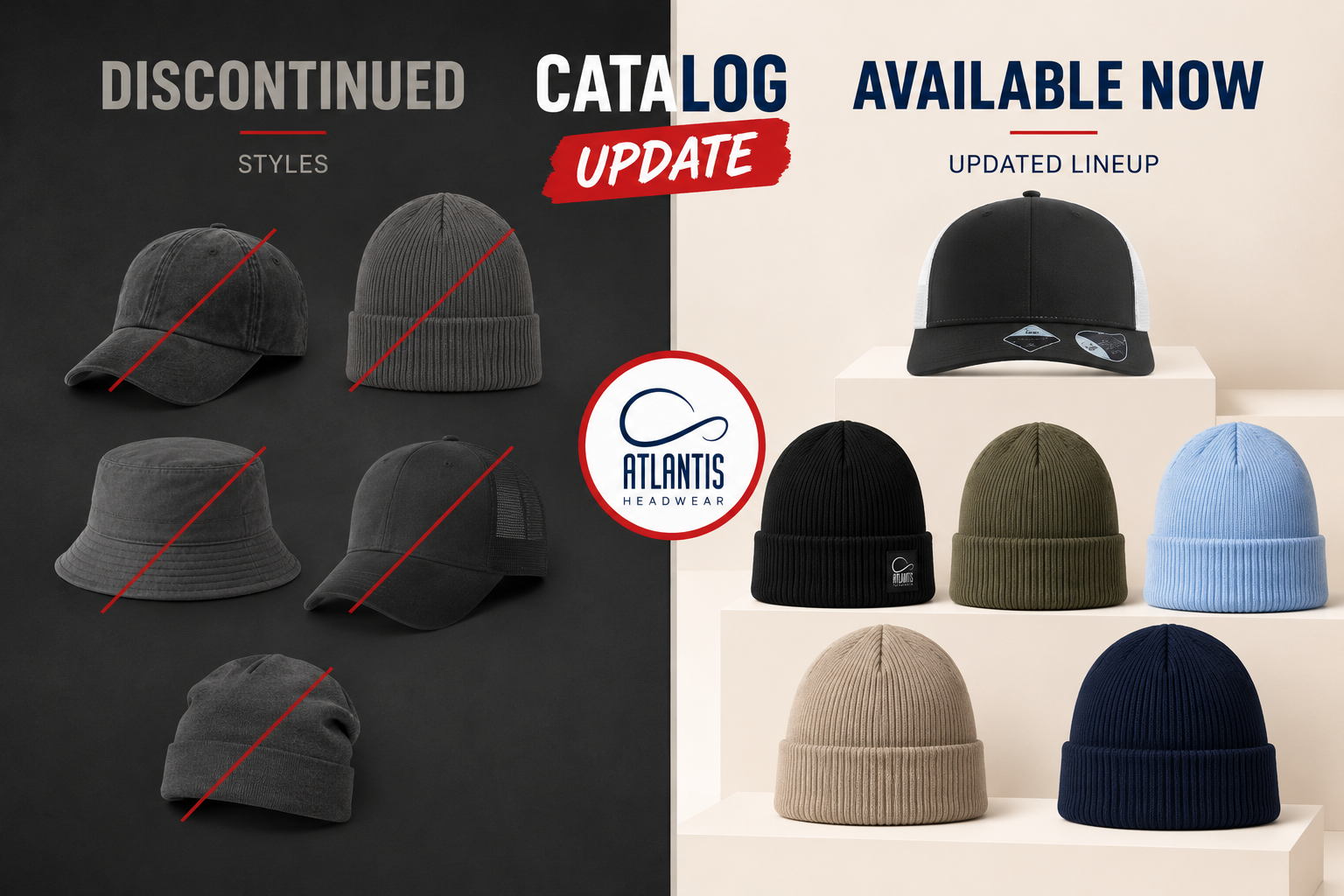 Atlantis Headwear catalog update showing discontinued caps and beanies alongside the updated lineup of available caps and sustainable beanies.