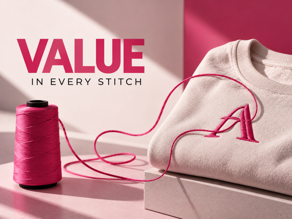Pink embroidery thread spool and embroidered garment illustrating value and consistency with embroidery on demand