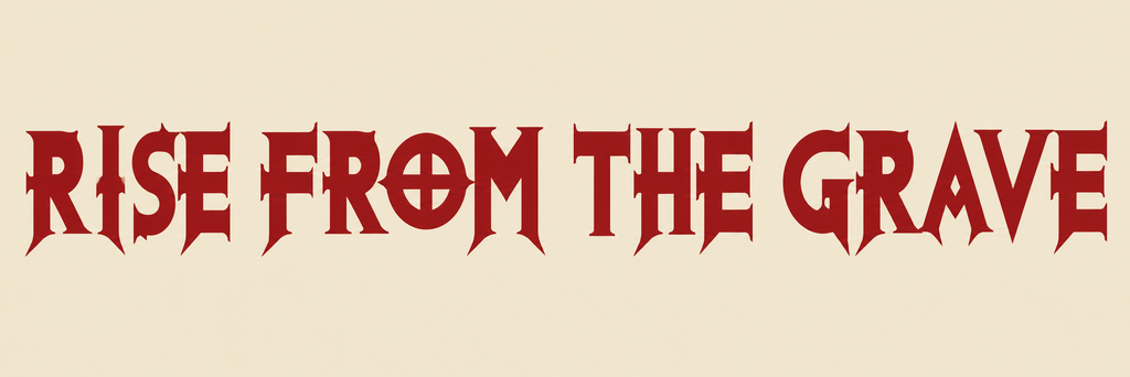 Custom Exocet Halloween font graphic featuring “Rise from the Grave” in angular gothic lettering on a bone-colored background.