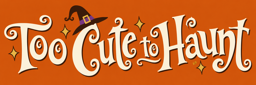 Custom Henny Penny Halloween font graphic featuring “Too Cute to Haunt” in whimsical decorative lettering on an orange background.