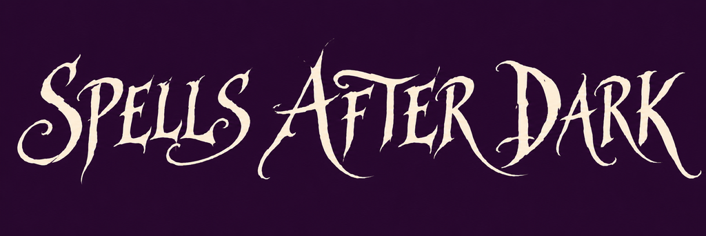 Custom Jim Nightshade Halloween font graphic featuring “Spells After Dark” in ornate gothic lettering on a deep purple background.