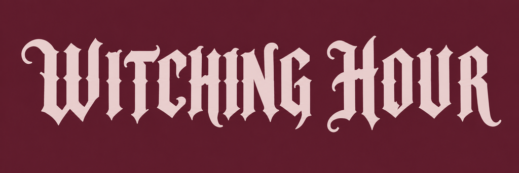 Custom Pirata One Halloween font graphic featuring “Witching Hour” in gothic lettering on a burgundy background