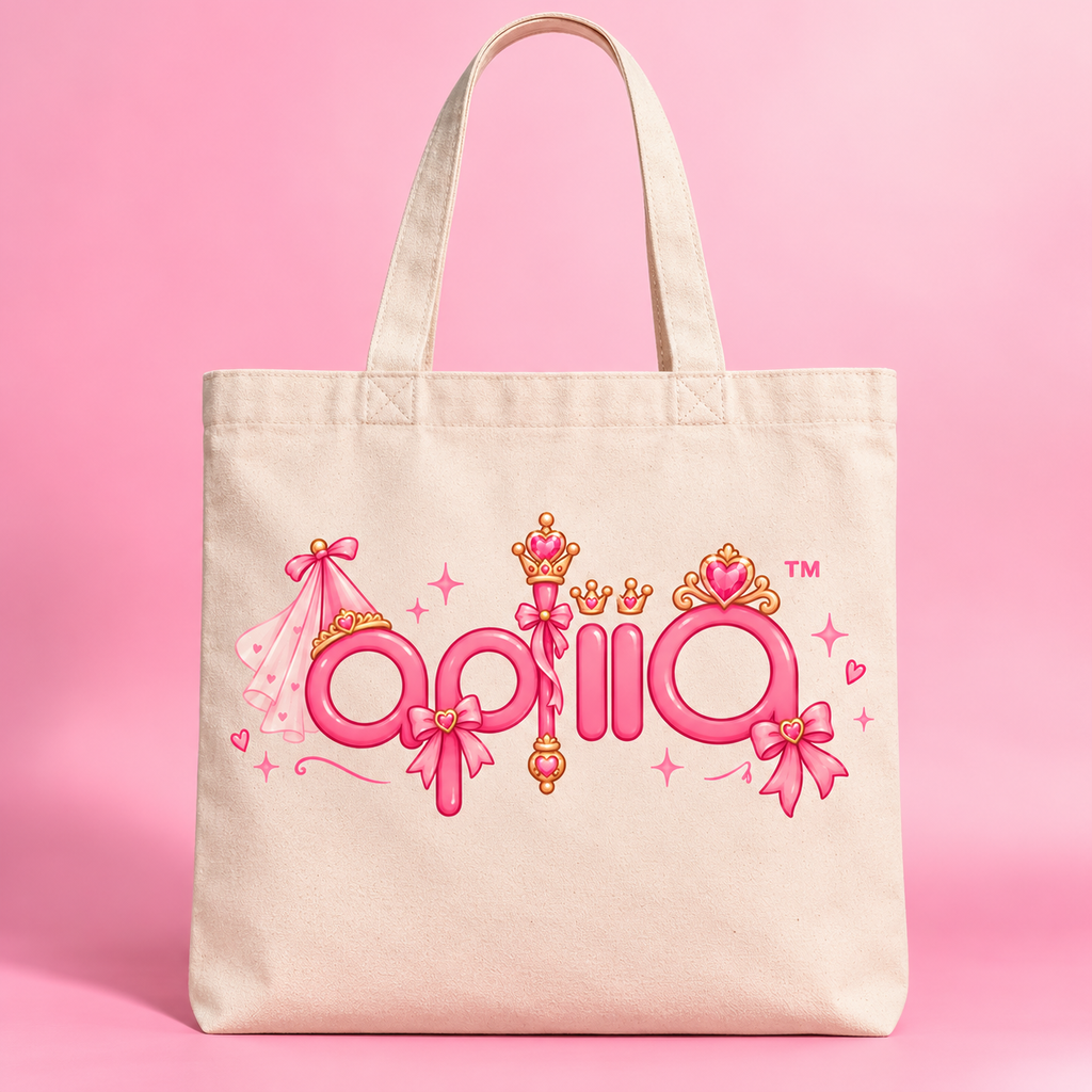 Apliiq princess logo printed on a natural canvas tote bag against a pink background