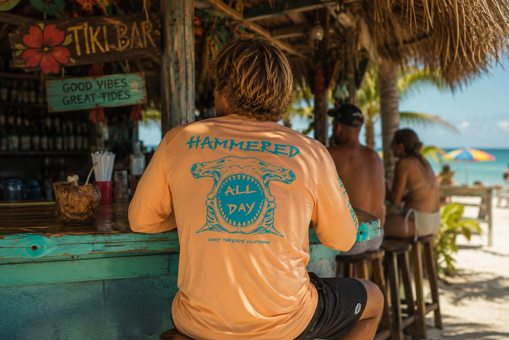 Custom Paragon Paragon Islander Long Sleeve sunshirt (210)  with Hammered All Day shark print by Chef Threads, made with Apliiq, worn at a tiki bar